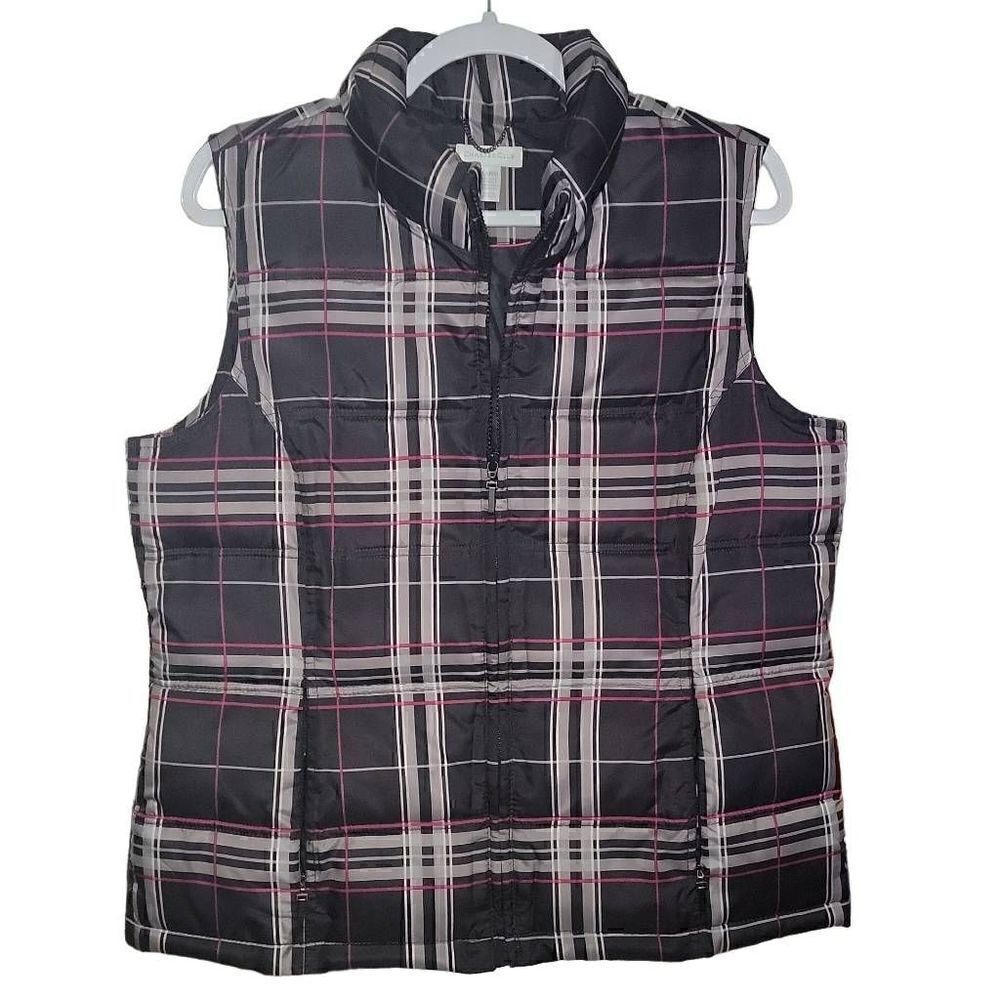 Charter Club pink, black plaid women’s puffer vest jacket. 
Size Large.